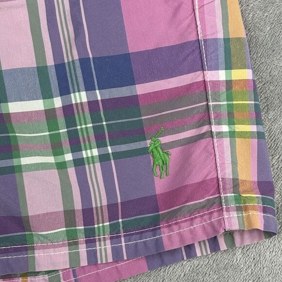Polo Ralph Lauren Board Shorts‎ Mens 38 Pink Plaid Drawstring Preppy Green Pony - Picture 11 of 16